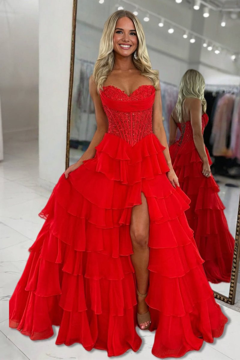 Roig | Red - Strapless A Line Chiffon Ruffled Prom Dresses With Appliques - KissProm