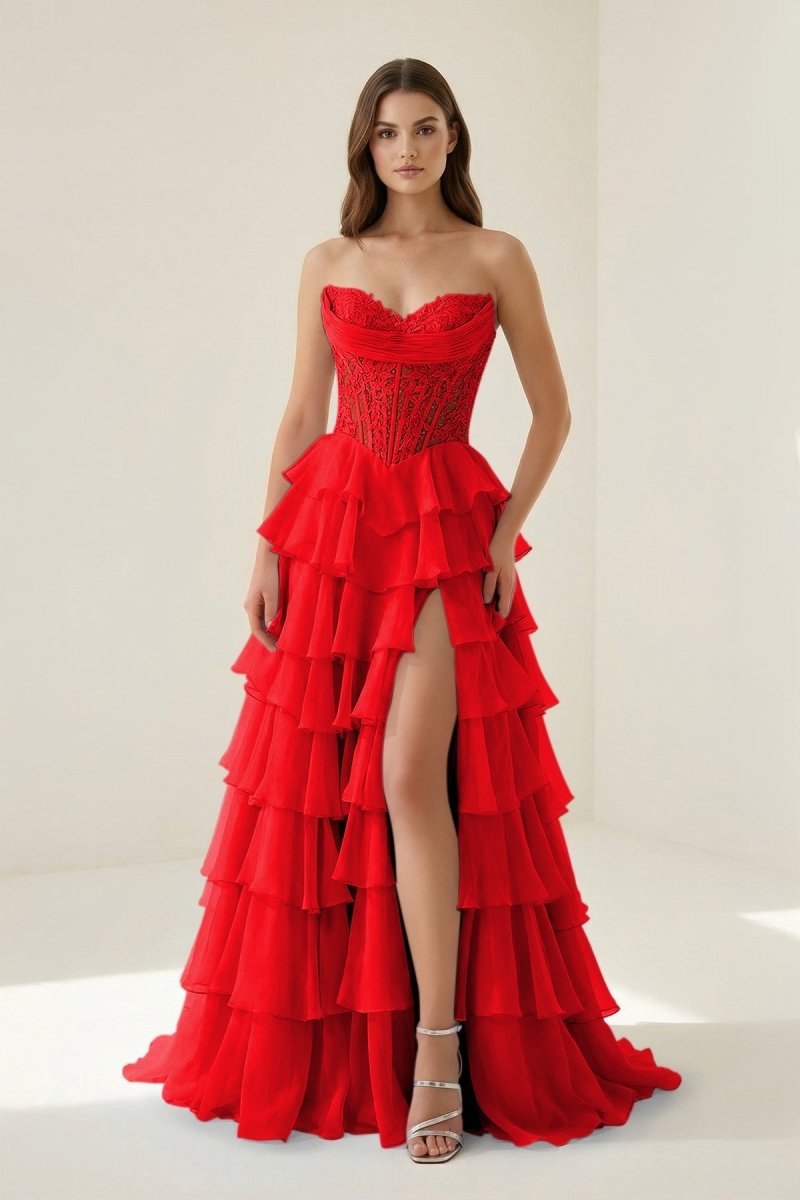 Roig | Red - Strapless A Line Chiffon Ruffled Prom Dresses With Appliques - KissProm