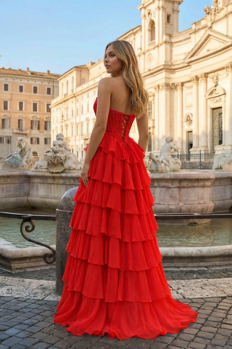 KissProm Pink Sweetheart A Line Chiffon Ruffled Prom Dresses With Appliques, Red / 0