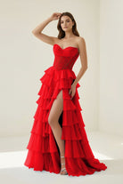 Roig | Red - Strapless A Line Chiffon Ruffled Prom Dresses With Appliques - KissProm