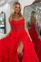 Roig | Red - Strapless A Line Chiffon Ruffled Prom Dresses With Appliques - KissProm