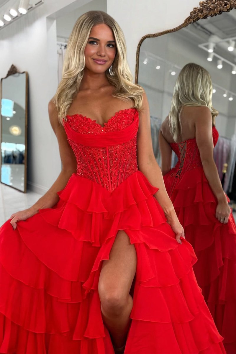 Roig | Red - Strapless A Line Chiffon Ruffled Prom Dresses With Appliques - KissProm