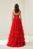 Roig | Red - Strapless A Line Chiffon Ruffled Prom Dresses With Appliques - KissProm