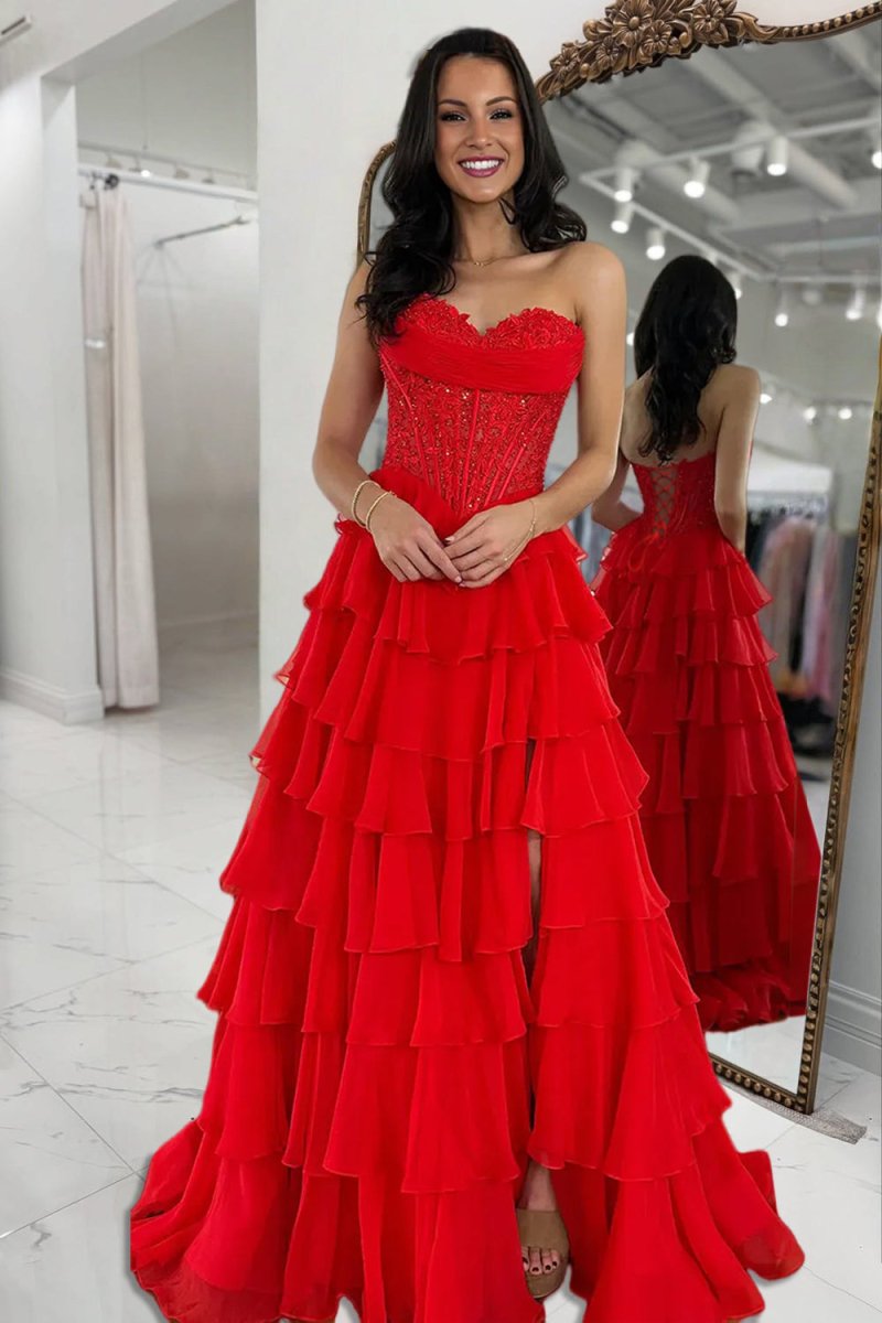 red strapless chiffon dress Sunset Red Chiffon Strapless Gown with Waist Tie Thati Amorim Collection