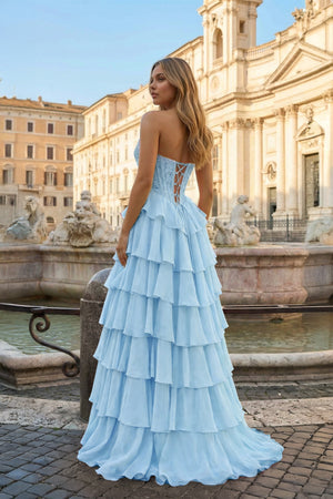 KissProm-Sky Blue- Strapless A Line Chiffon Ruffled Prom Dresses With Appliques