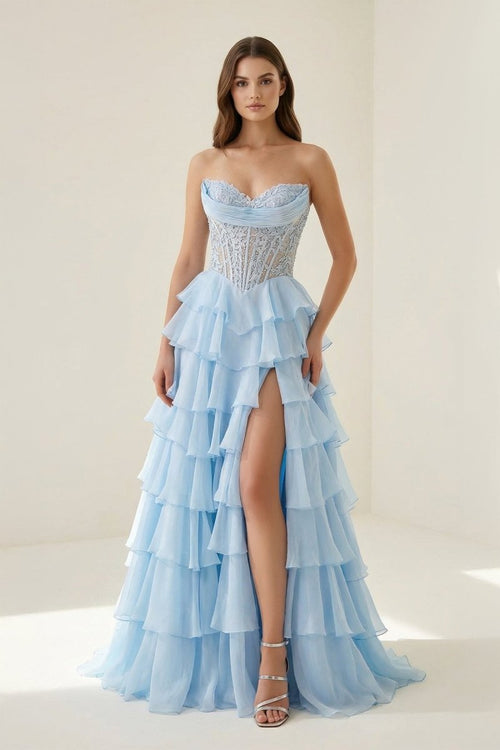 Roig | Sky Blue - Strapless A Line Chiffon Ruffled Prom Dresses With Appliques - KissProm