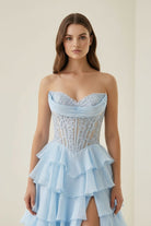 Roig | Sky Blue - Strapless A Line Chiffon Ruffled Prom Dresses With Appliques - KissProm