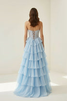 Roig | Sky Blue - Strapless A Line Chiffon Ruffled Prom Dresses With Appliques - KissProm