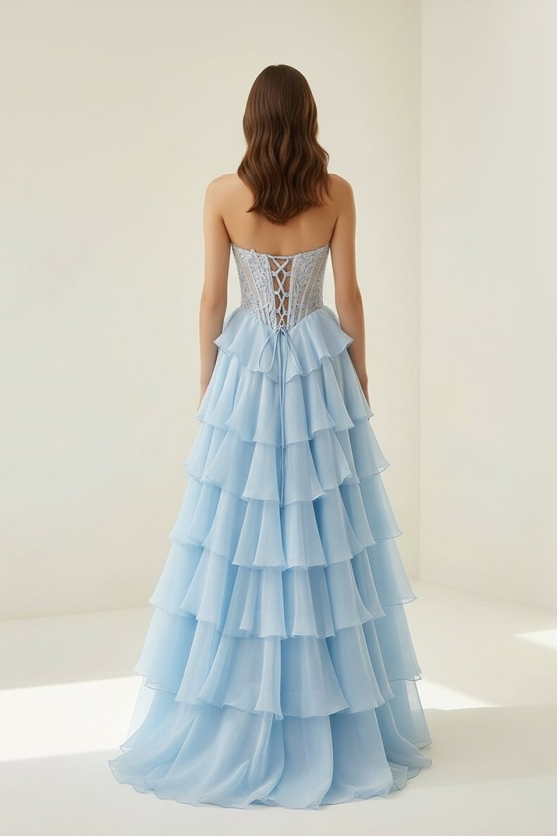 Roig | Sky Blue - Strapless A Line Chiffon Ruffled Prom Dresses With Appliques - KissProm