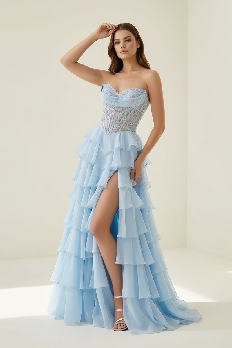 Roig | Sky Blue - Strapless A Line Chiffon Ruffled Prom Dresses With Appliques - KissProm