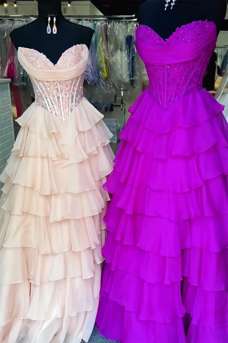 Roig | Pink - Strapless A Line Chiffon Ruffled Prom Dresses With Appliques - KissProm