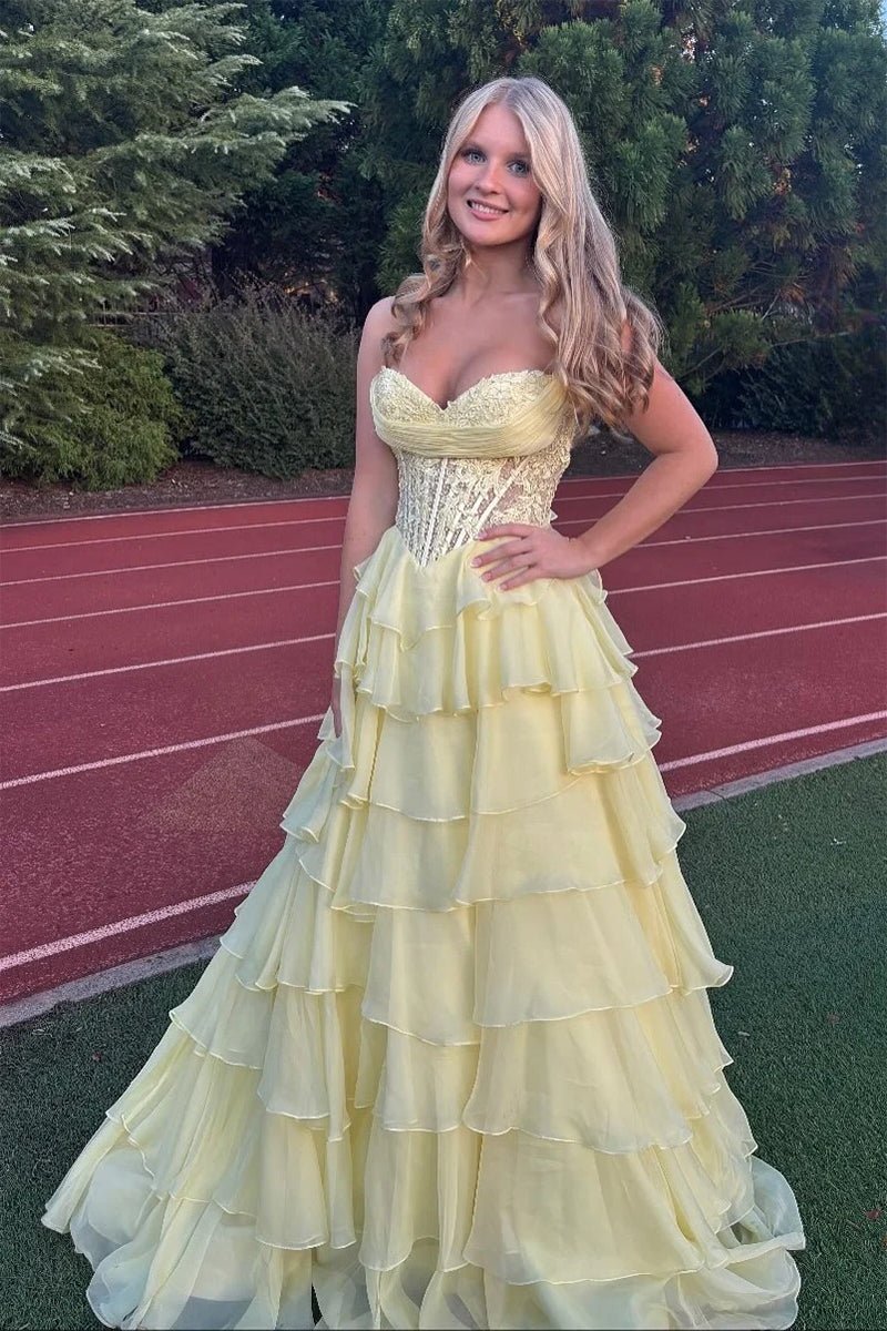 Tellow Ruffles Roig | Yellow - Strapless A Line Chiffon Ruffled Prom Dresses With App ...