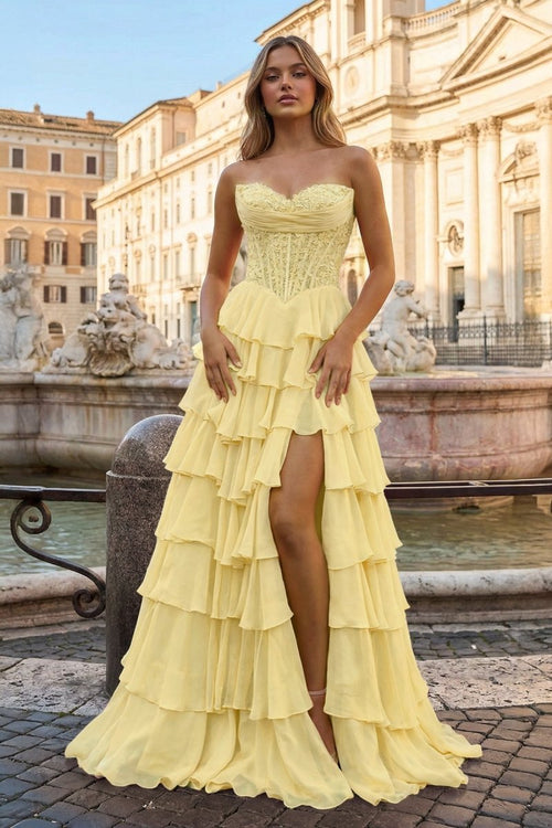 Yellow - Sweetheart A Line Chiffon Ruffled Prom Dresses With Appliques – Prom Dress by KissProm | Available at KissProm