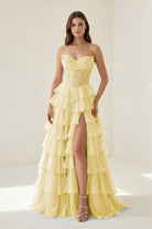 Roig | Yellow - Strapless A Line Chiffon Ruffled Prom Dresses With Appliques - KissProm