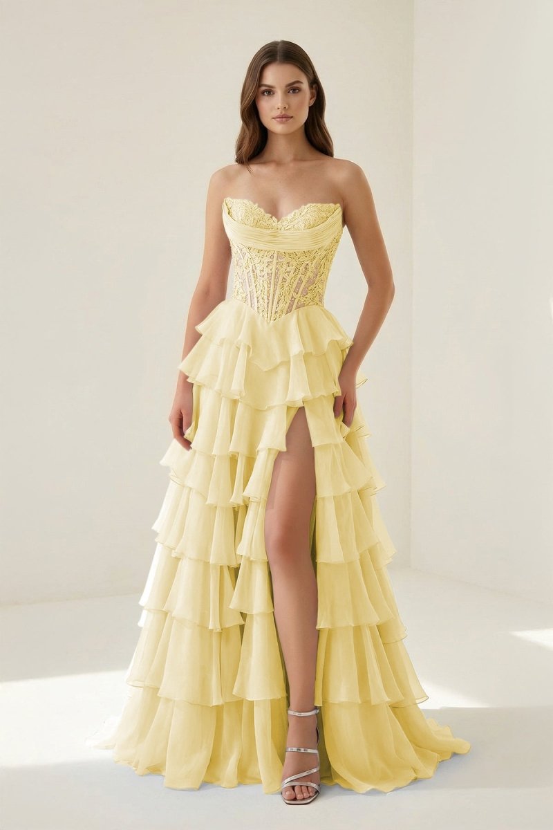 Roig | Yellow - Strapless A Line Chiffon Ruffled Prom Dresses With Appliques - KissProm