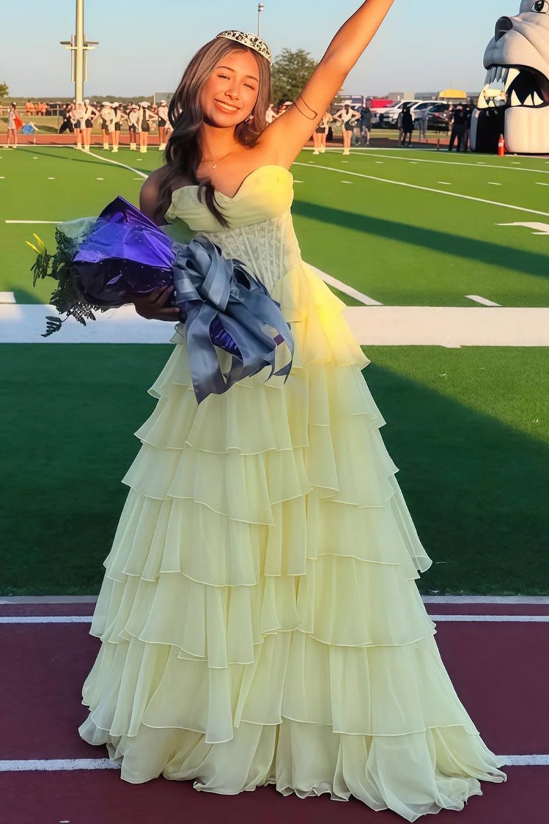 Roig | Yellow - Strapless A Line Chiffon Ruffled Prom Dresses With Appliques-KissProm