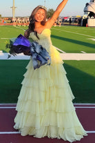 Roig | Yellow - Strapless A Line Chiffon Ruffled Prom Dresses With Appliques-KissProm