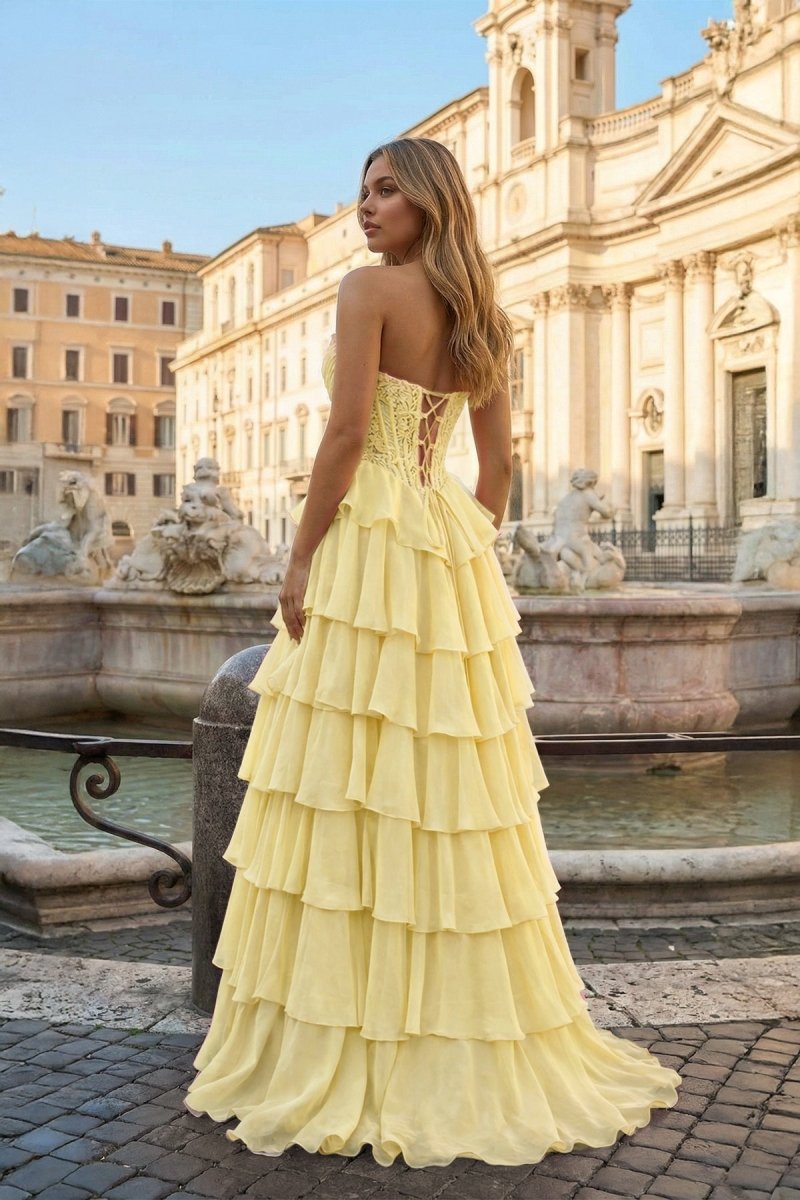 Yellow - Sweetheart A Line Chiffon Ruffled Prom Dresses With Appliques – Prom Dress by KissProm | Available at KissProm
