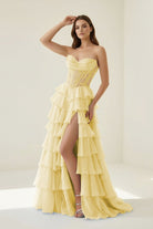 Roig | Yellow - Strapless A Line Chiffon Ruffled Prom Dresses With Appliques - KissProm