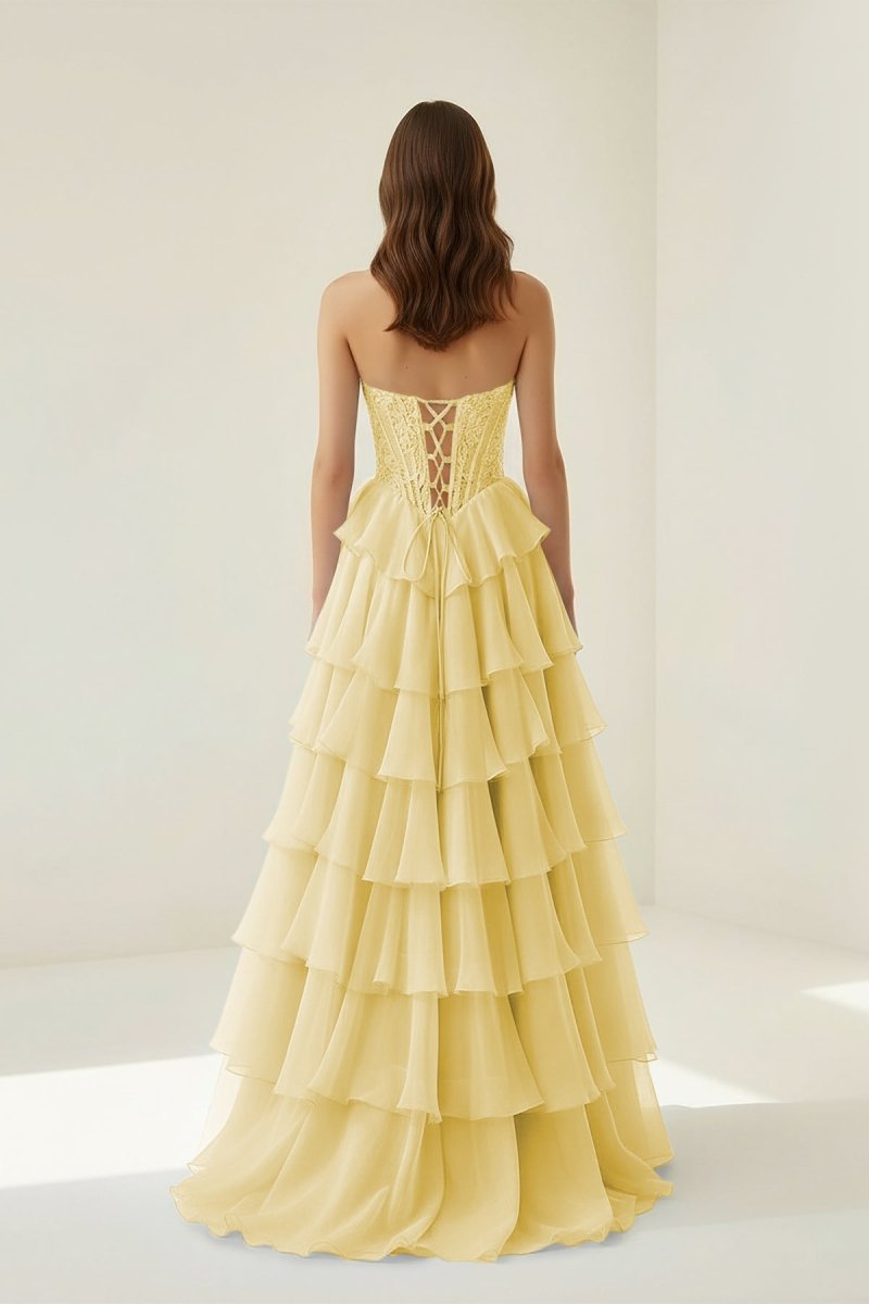 Roig | Yellow - Strapless A Line Chiffon Ruffled Prom Dresses With Appliques - KissProm