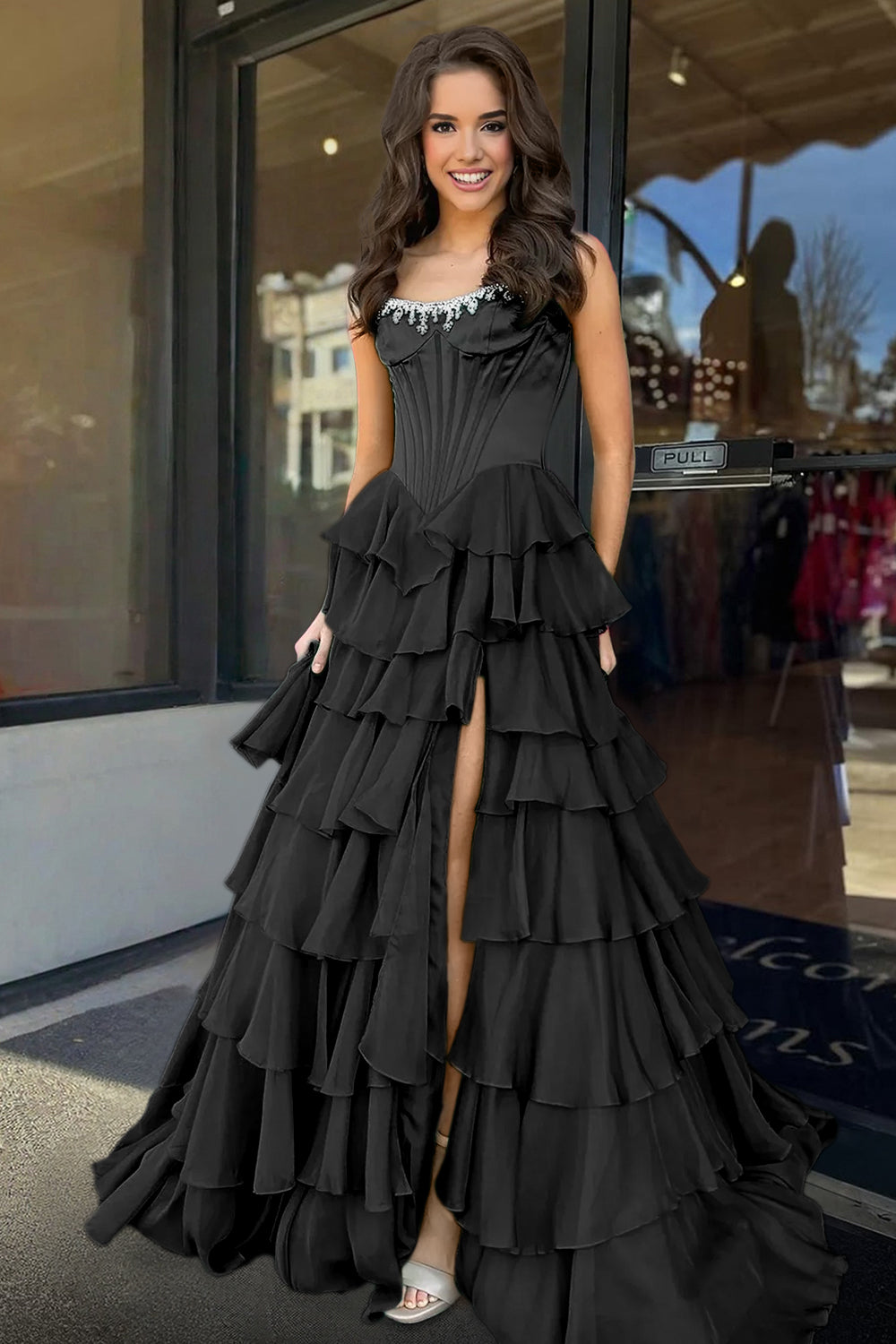 Roise | Black - Scoop Neck A Line Chiffon Ruffled Prom Dresses With Beading - KissProm