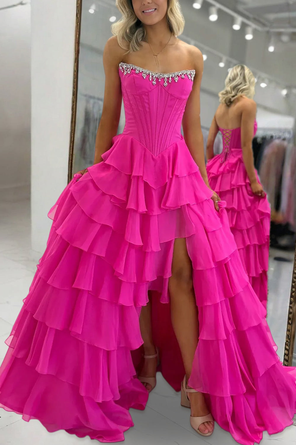 Roise | Fuchsia - Scoop Neck A Line Chiffon Ruffled Prom Dresses With Beading -KissProm