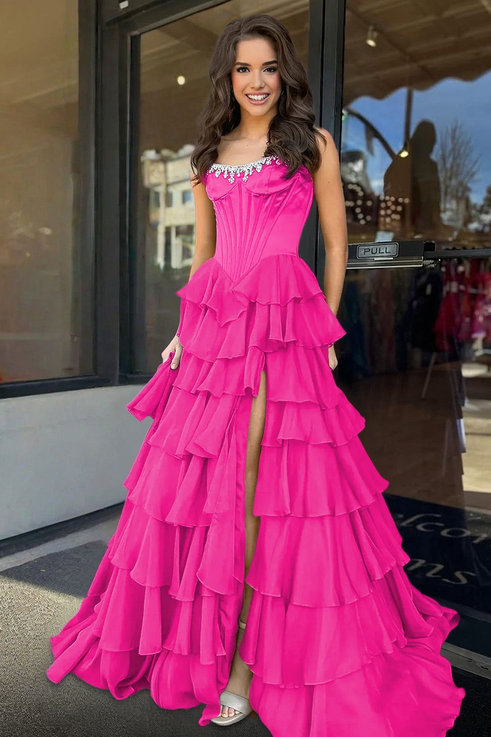 Roise | Fuchsia - Scoop Neck A Line Chiffon Ruffled Prom Dresses With Beading - KissProm