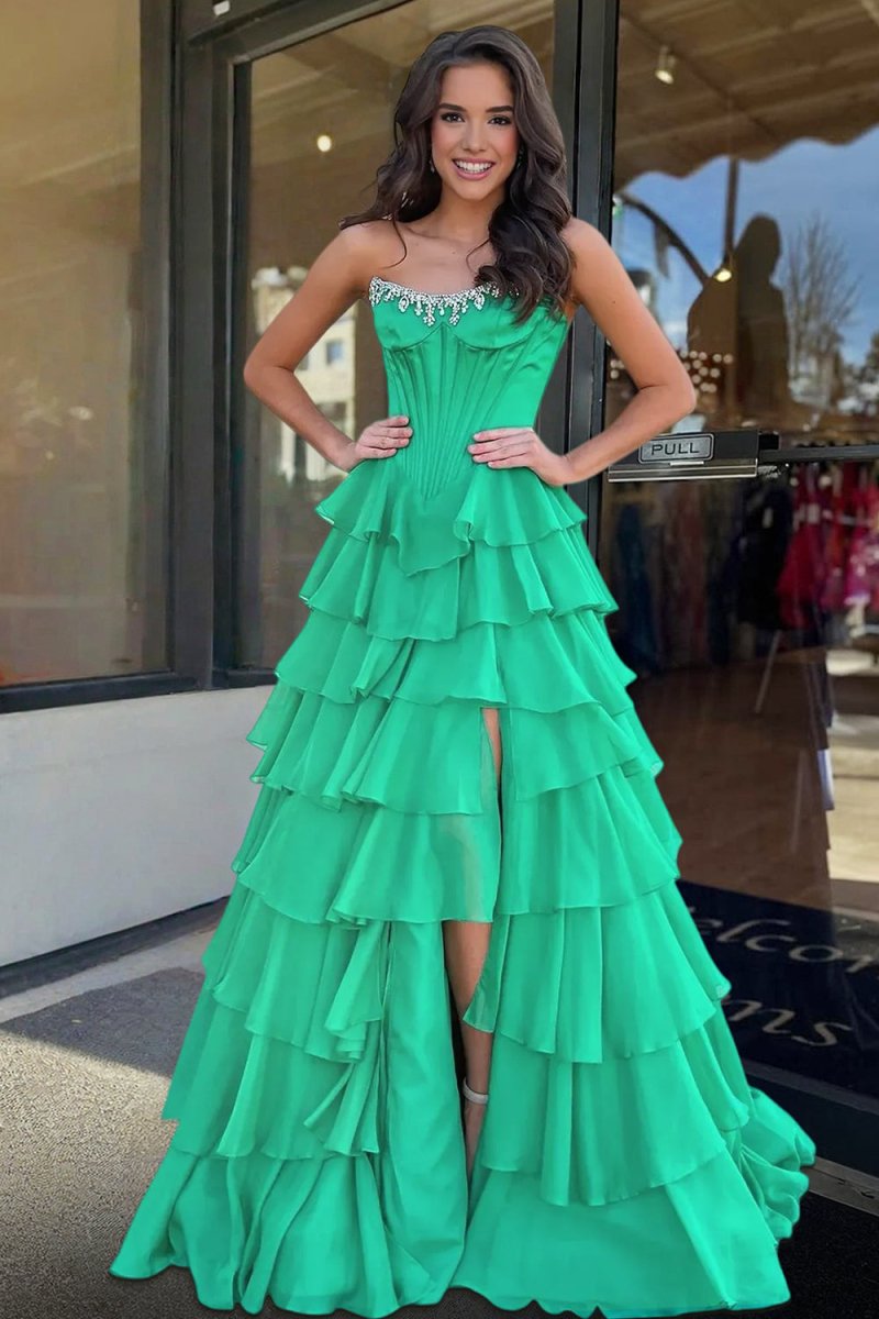 Roise | Green - Scoop Neck A Line Chiffon Ruffled Prom Dresses With Beading - KissProm