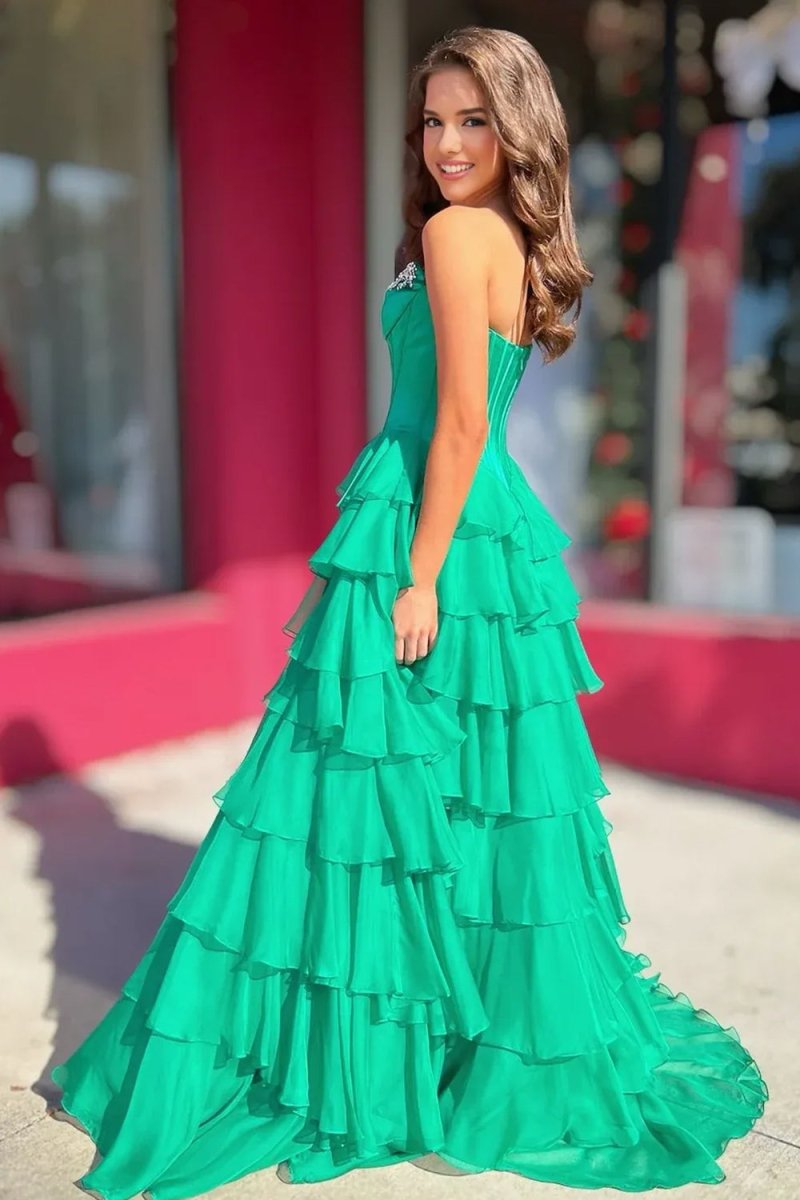 Roise | Green - Scoop Neck A Line Chiffon Ruffled Prom Dresses With Beading - KissProm