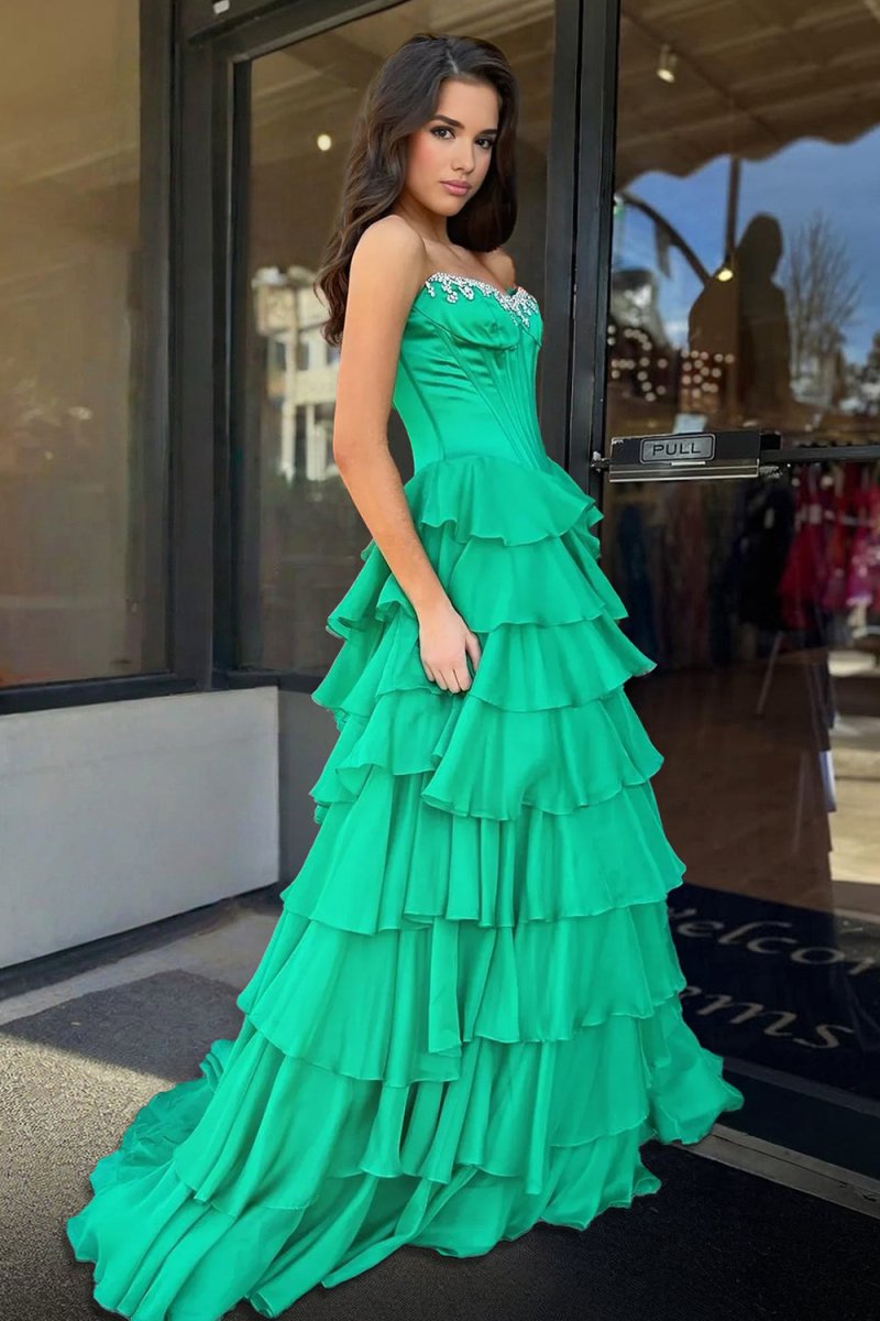 Roise | Green - Scoop Neck A Line Chiffon Ruffled Prom Dresses With Beading - KissProm