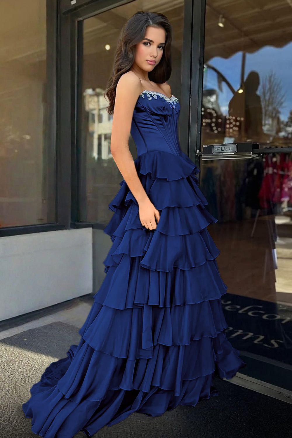 Roise | Navy Blue - Scoop Neck A Line Chiffon Ruffled Prom Dresses With Beading - KissProm