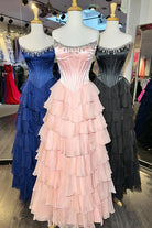 Roise | Pink - Scoop Neck A Line Chiffon Ruffled Prom Dresses With Beading -KissProm
