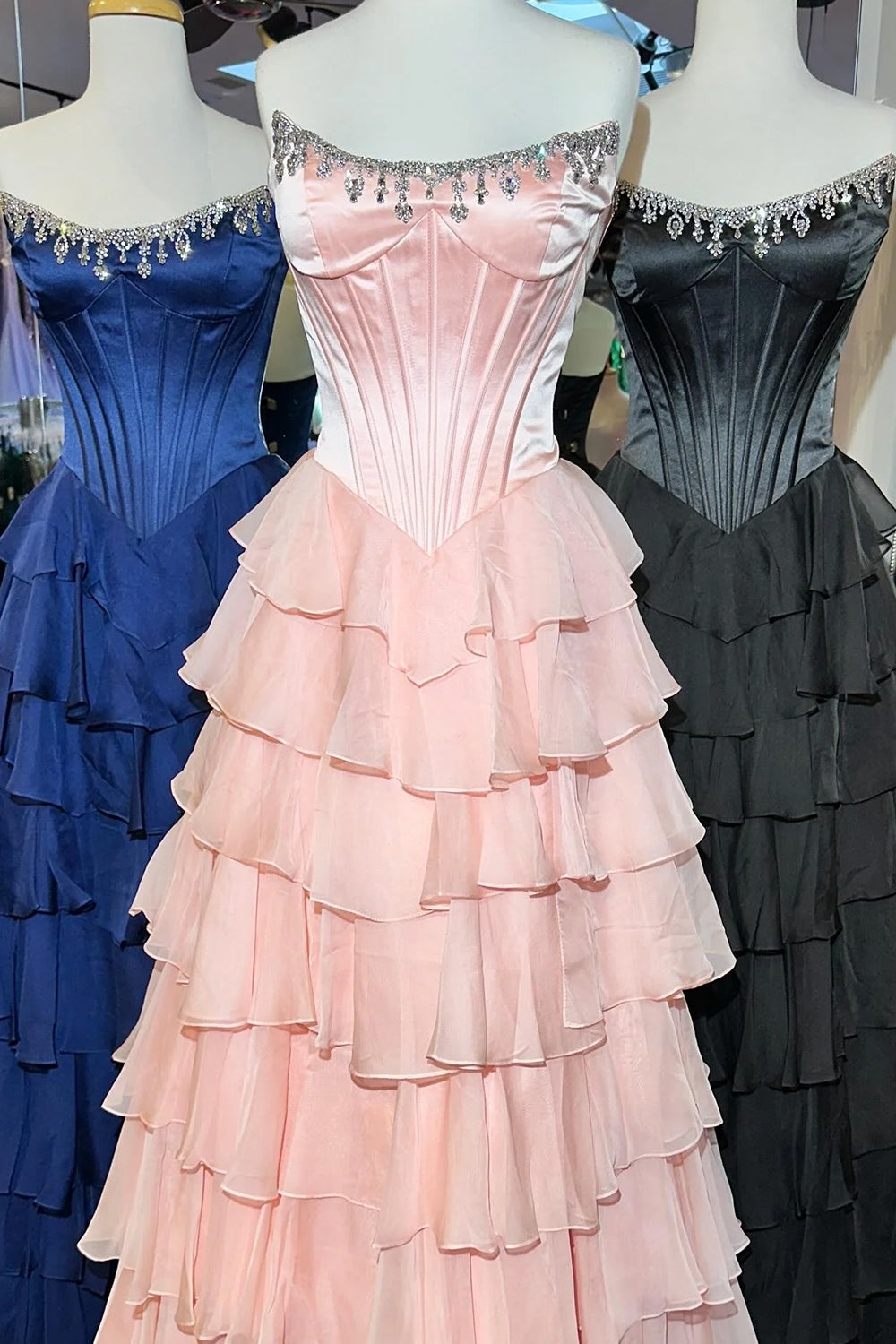 Roise | Pink - Scoop Neck A Line Chiffon Ruffled Prom Dresses With Beading -KissProm