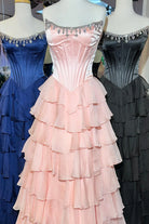 Roise | Pink - Scoop Neck A Line Chiffon Ruffled Prom Dresses With Beading -KissProm