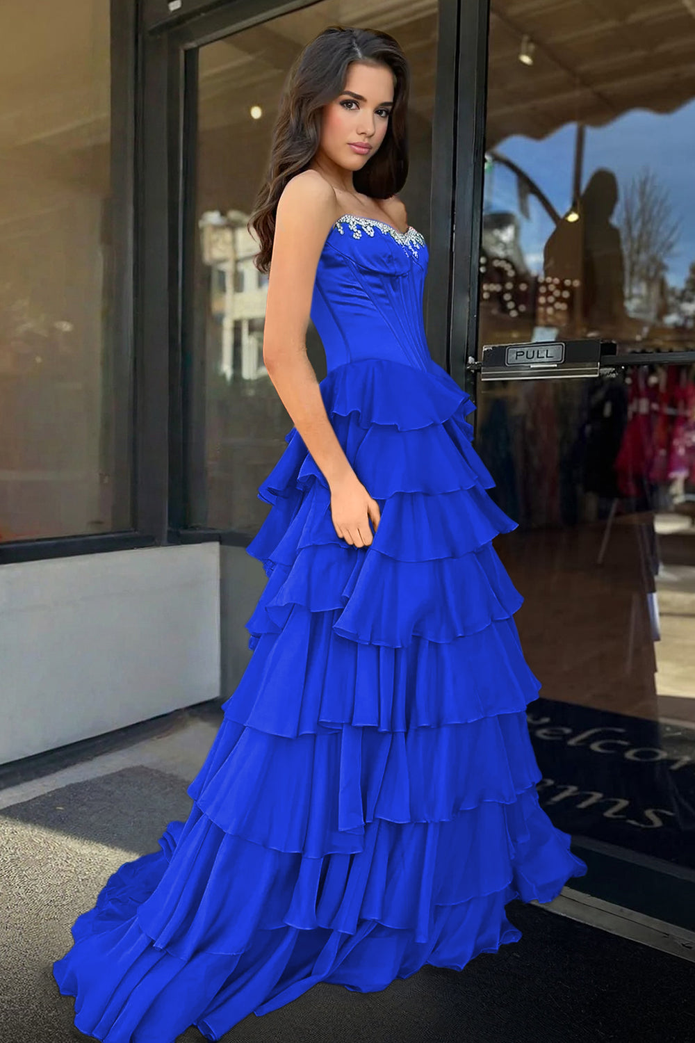 Roise | Royal Blue - Scoop Neck A Line Chiffon Ruffled Prom Dresses With Beading - KissProm
