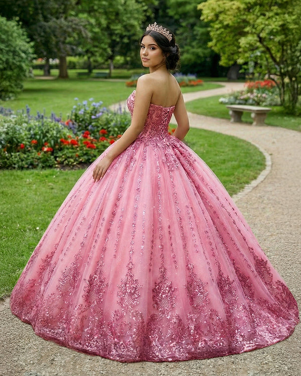 KissProm- Pink Quinceanera Dress Romantic Court Train Ball Gown Strapless Pleated