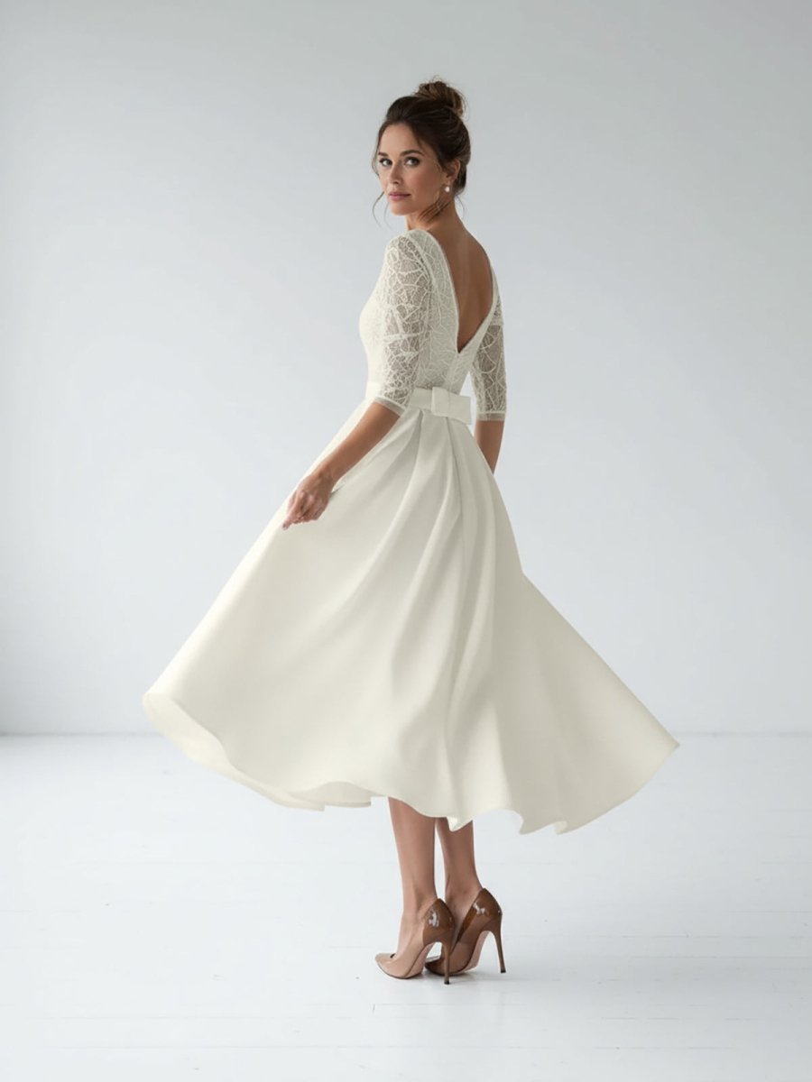 Margaritte | Satin V - neck A Line Tea - length Wedding Dress with Ruching and Sash - KissProm