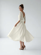 Margaritte | Satin V - neck A Line Tea - length Wedding Dress with Ruching and Sash - KissProm