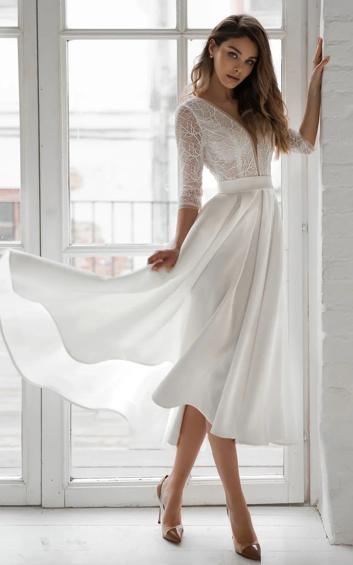 Satin V-Neck A Line Tea-Length Wedding Dress with Ruching and Sash, Diamond White / 6