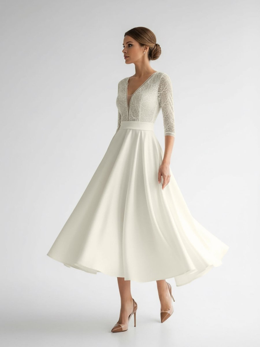 Margaritte | Satin V - neck A Line Tea - length Wedding Dress with Ruching and Sash - KissProm