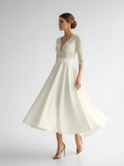 Margaritte | Satin V - neck A Line Tea - length Wedding Dress with Ruching and Sash - KissProm