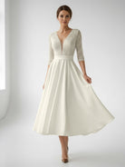 Margaritte | Satin V - neck A Line Tea - length Wedding Dress with Ruching and Sash - KissProm