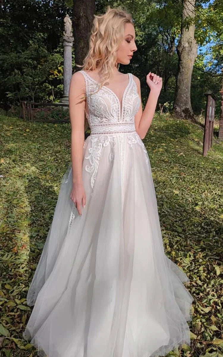 Romantic Sleeveless A-Line Lace Wedding Dress with V-Neck and Low-V Back, Diamond White / 8 Romantic Sleeveless A-Line Lace Wedding Dress with V-Neck and Low-V Back, Diamond White / 8