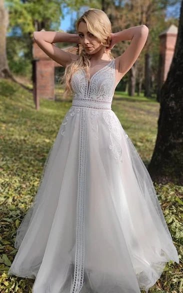 Romantic Sleeveless A-Line Lace Wedding Dress With V-neck And Low-V Back