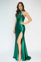 KissProm-Romi Mermaid Halter Dark Green Satin Long Prom Dresses with Beads