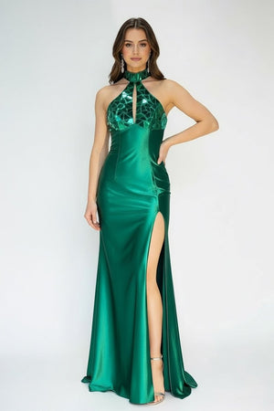 Mermaid Halter Dark Green Satin Long Prom Dresses with Beads - KISSPROM PROM DRESSES