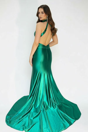Mermaid Halter Dark Green Satin Long Prom Dresses with Beads - KISSPROM PROM DRESSES