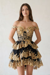 Everly | Gold Black - A-Line Sweetheart Tiered Short Homecoming Dress