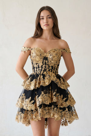 Everly | Gold Black - A-Line Sweetheart Tiered Short Homecoming Dress