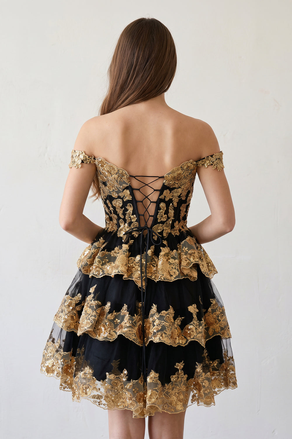 Ronda | Gold Off the Shoulder Applique Ruffle Homecoming Dress